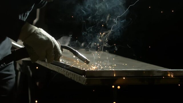 A person works with metal in a workshop during the evening hours. Sparks fly as they use a welding machine to cut or join metal pieces on a table. The environment is busy and focused.