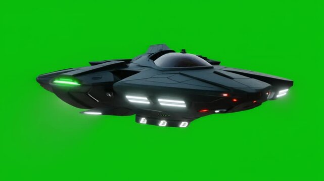 Futuristic Sci-Fi Spaceship Flying on Green Screen Chroma Key Background