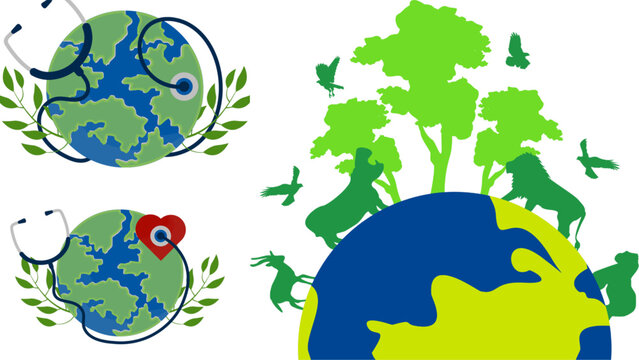 One Health concept vector set, global planet earth with stethoscope and medical heart, wildlife animals and forest ecosystem conservation icons