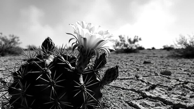 Black and White Close-Up of a Blooming Cactus Flower in a Desert Landscape with Cracked Earth and Cloudy Skies