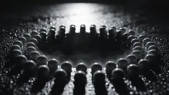 Mysterious ring of metallic spheres with vapor rising, representing an enigma or powerful energy source in abstract setting