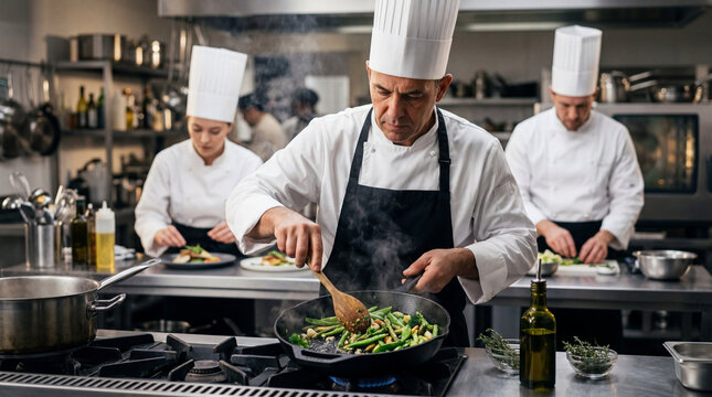 Professional chef cooking in commercial kitchen, team of culinary experts preparing gourmet meals, busy restaurant kitchen staff in white uniforms