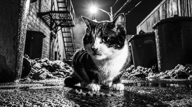 Black and white alley cat enjoying a meal of kibble, with wet pavement and city lights.