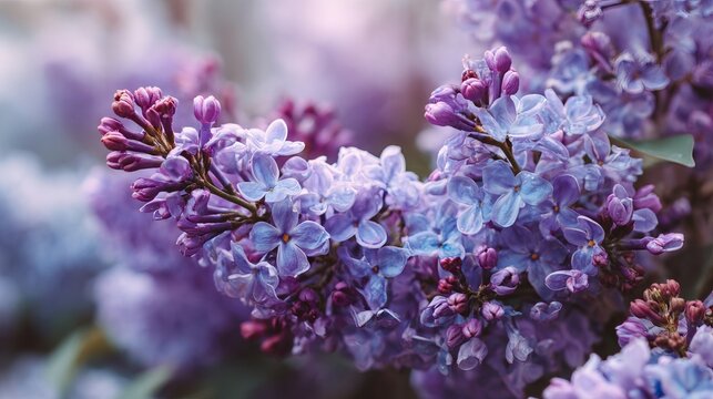 Purple lilac flowers in full bloom with soft natural light creating a fresh spring garden background with delicate petals and vibrant seasonal beauty
