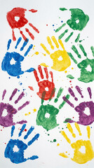 Fototapeta premium Colorful handprints on white surface for fun and learning