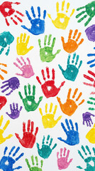 Fototapeta premium Colorful handprints on white surface for fun and learning