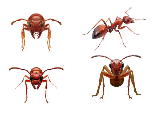 Red ant collection isolated on transparent background, set of fire ants from different angles including front and side view, 3D insect illustration for pest control.