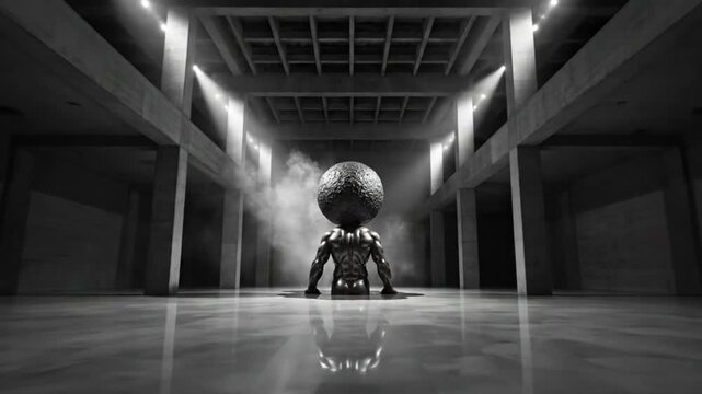 Epic Render of a Muscular Figure Supporting a Stone Ball in a Mysterious Concrete Environment