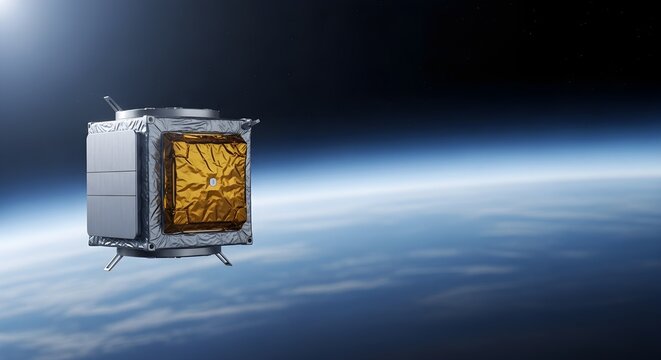Advanced cube-shaped satellite orbiting Earth for scientific observation and global communication.