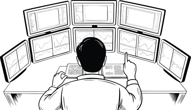 A high-angle, black and white vector line illustration of a financial day trader, seen from the back, sitting at a desk and pointing at a six-monitor multi-screen trading station.