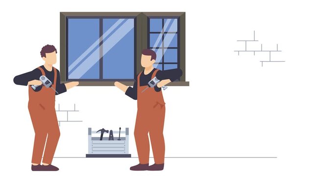 Two workers are installing large glass window frame animation, Glazier holding and moving out damaged windows animated video, carpenters clip, woodworker footage, tradesperson and craftsmen motion