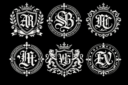Set of elegant vintage monogram logos with ornate frames, crowns, lions and floral elements &mdash; AR, SB, MC, LH, WG, EV, black and white crest design