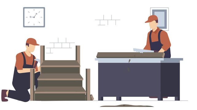 worker using hammer to fix wooden parts onto staircase animation, cutting wooden planks with hand saw on workbench animated video, carpenters clip, woodworker footage, tradesperson craftsmen motion