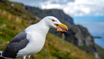 Naklejka premium Seagull with prey against a blurred green hillside background.