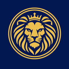 Obraz premium Majestic Golden Lion Head with Crown, Royal Emblem in Double Circle on Dark Blue Background, Heraldic Style Logo