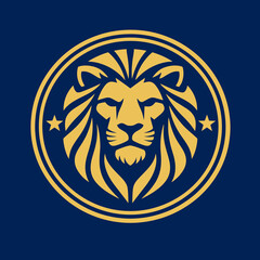Obraz premium Golden Lion Head Logo with Stars on Dark Blue Background