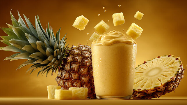 Pineapple smoothie with pineapple chunks and cubes flying out of the glass, whole pineapple and sliced pineapple, on a yellow background