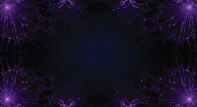 Abstract dark background featuring glowing purple lightning energy bursts in the four corners Vector