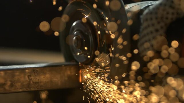 A person works with a grinding tool in a workshop. Sparks fly as the tool touches the metal surface. The setting is focused on the grinding process and the materials used.