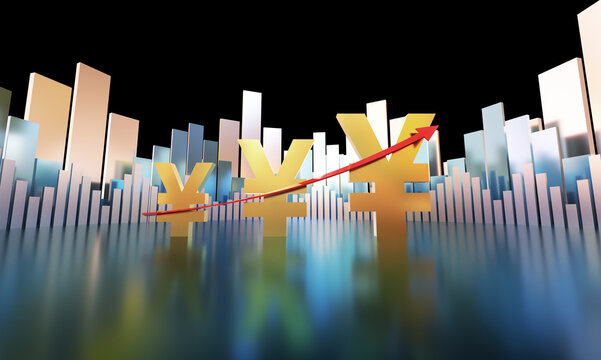 Arrows and currency symbols for successful financial and economic development renminbi