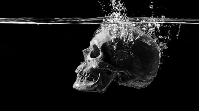 Artistic minimalist concept of a half submerged skull dramatically melting and dissolving into flowing black ink
