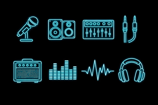 Neon Music Equipment Icon Set with Microphone, Speakers and Equalizer, Glowing Audio Tech Symbols on Dark Background
