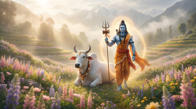 Lord Shiva standing in meditative pose with Nandi in mountain valley symbolizing divine power peace and spirituality for background wallpaper
