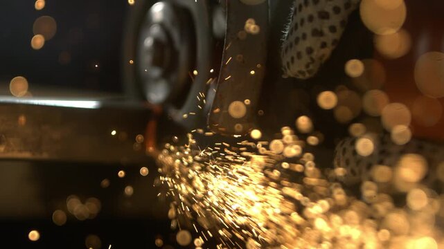 A worker uses a grinder on metal, making bright sparks fly in the air. The focus is on the process of grinding and the effects created. The surroundings are blurred, showing movement.