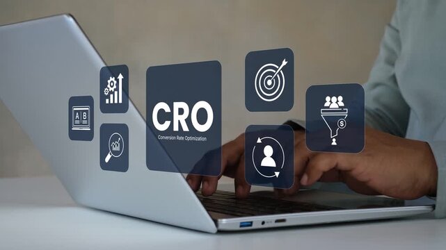 CRO dashboard with A B testing, analytics and conversion funnel overlay on business professional using laptop, digital marketing optimization strategy, improving for user experience and performance