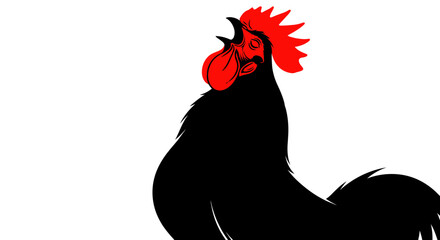 Rooster Crowing Loudly, Black Silhouette with Red Comb, Isolated on White Background © Duren