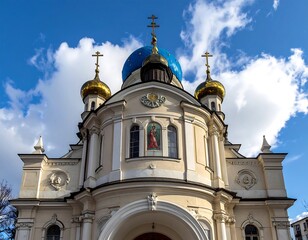 Fototapeta premium Stunning Orthodox Church with Blue Domes and Golden Crosses.