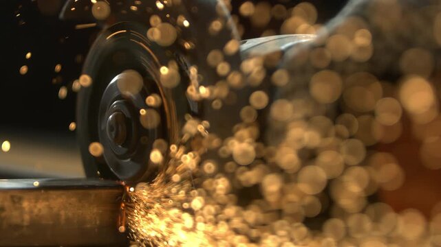 A worker uses a cutting tool on metal. Sparks fly as the tool makes contact. This shows the activity of shaping and modifying metal in a workshop setting.