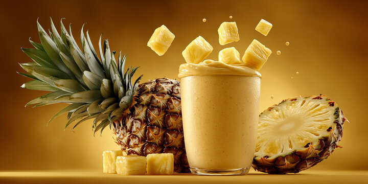Pineapple smoothie with pineapple chunks and cubes flying out of the glass, whole pineapple and sliced pineapple, on a yellow background