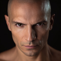 Fototapeta premium Intense portrait of a bald male with strong features and piercing gaze against a dark background.
