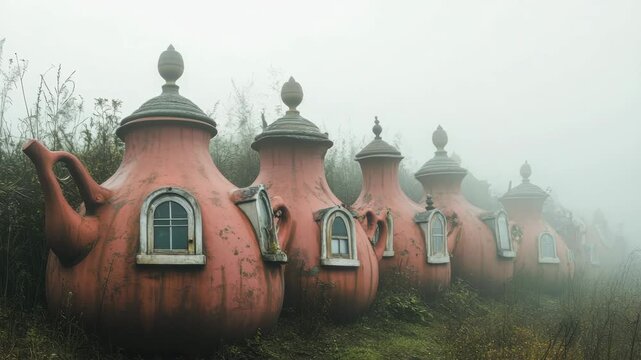 Row of giant teapot houses merging into mysterious foggy landscape