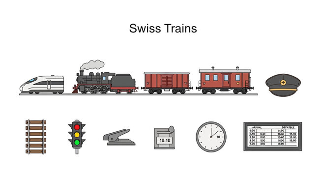 Collection of Swiss Trains and Railway Elements.