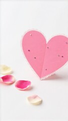 Fototapeta premium A pink heart with glitter on a table among rose petals and flowers
