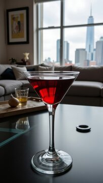 Martini in a glass of Marilyn Monroe. Iconic cocktail from classic sitcom, perfect for a vintage view of the city skyline. Cold fizz and sweet finish to end your evening right.
