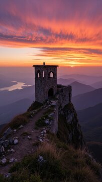 Ancient brick tower atop a mountain with vibrant sunset sky and distant lake.