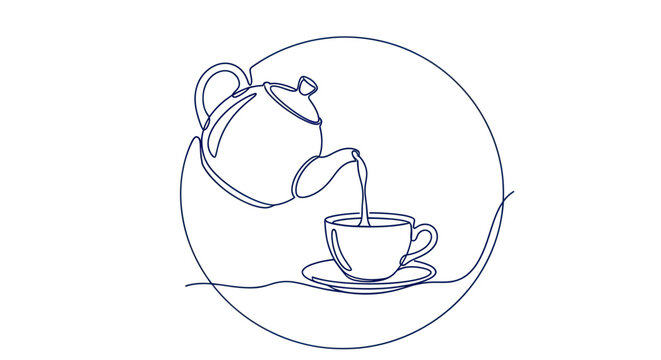 Continuous line drawing of tea being poured from a teapot into a cup.