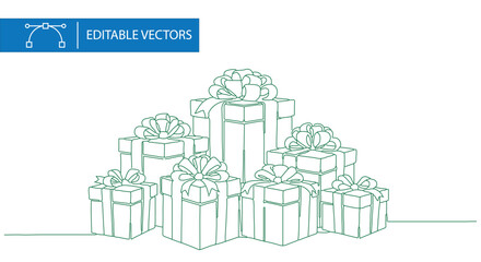 Fototapeta premium Minimalist continuous line drawing of gift boxes, elegant green outline of holiday presents with ribbons, editable vector illustration of gift set