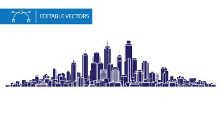Obraz premium Modern city skyline silhouette, dark blue urban cityscape vector, editable metropolitan building panorama, architectural downtown horizon line