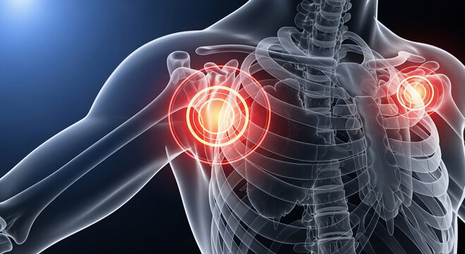 Anatomical illustration of the human shoulder joint highlighting areas of pain and inflammation with a skeletal overlay.