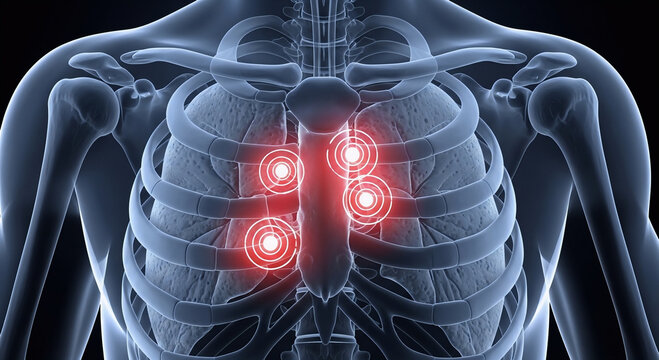 Anatomical illustration of the human rib cage with glowing red circles indicating pain or inflammation in the sternum area.