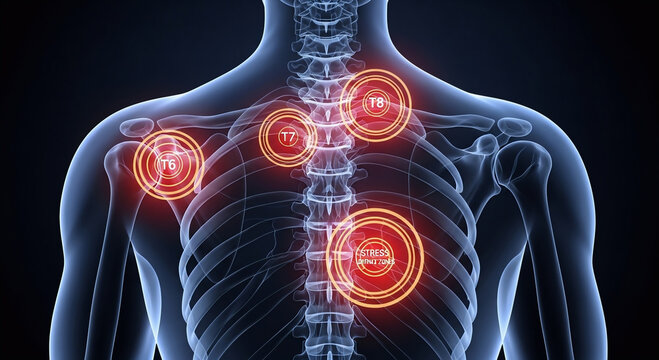 Anatomical illustration of a human torso highlighting areas of pain or inflammation with glowing red circles on a dark background.