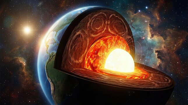 Earth, planet showing internal structure, glowing hot inner core, molten outer core, rocky mantle layer, thin outer crust, scientific geophysics model, magnetic field lines, cosmic stellar background.