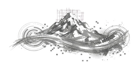 Obraz premium Abstract mountain landscape with futuristic tech elements and grunge ink splash effects vector illustration for creative design