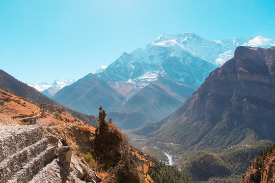 Annapurna Circuit Trekking Path with Majestic Snow Peaks between Upper Pisang and Manang Nepal