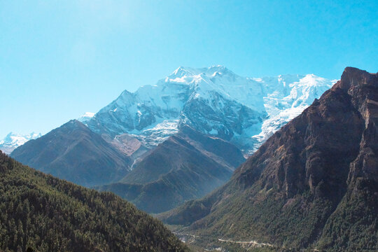Annapurna Circuit Trekking Path with Majestic Snow Peaks between Upper Pisang and Manang Nepal