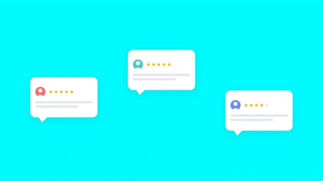 Three clean animated user review bubbles pop up with five-star ratings to showcase social proof and customer satisfaction.